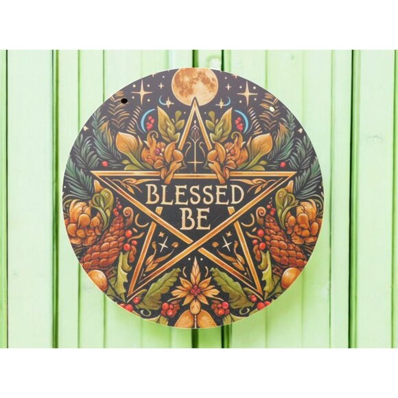 Blessed Be Pagan Wiccan Wooden Wall Sign 8x8 Pentagram - Picture 4 of 7